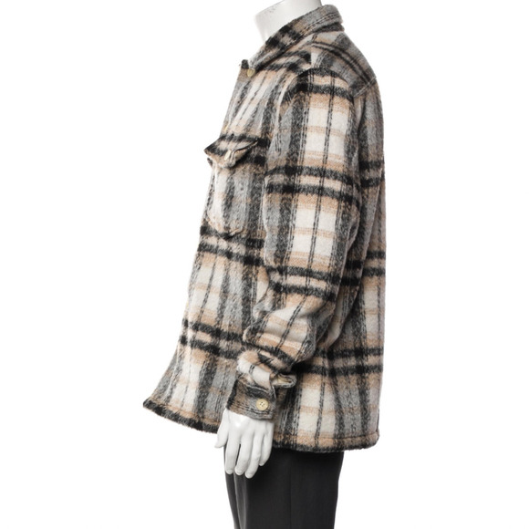 All Saints Cayuga Jacket Mens Medium Ecru Plaid Wool Blend Lined Shacket Button - Picture 9 of 16